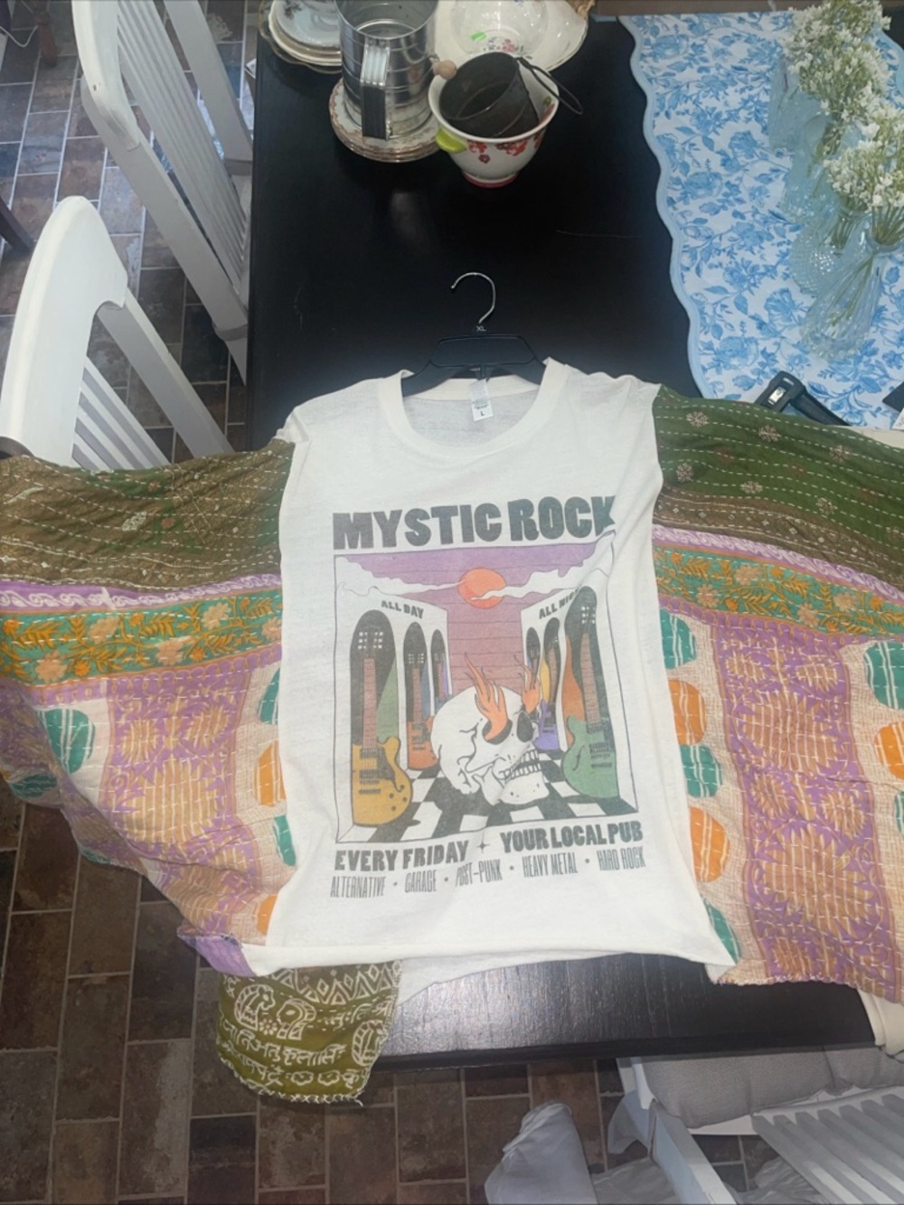 KANTHA Upcycled Poncho Boho T-Shirt Large / Fits Most  Pub Hippie Wear Skeleton - Picture 2 of 9